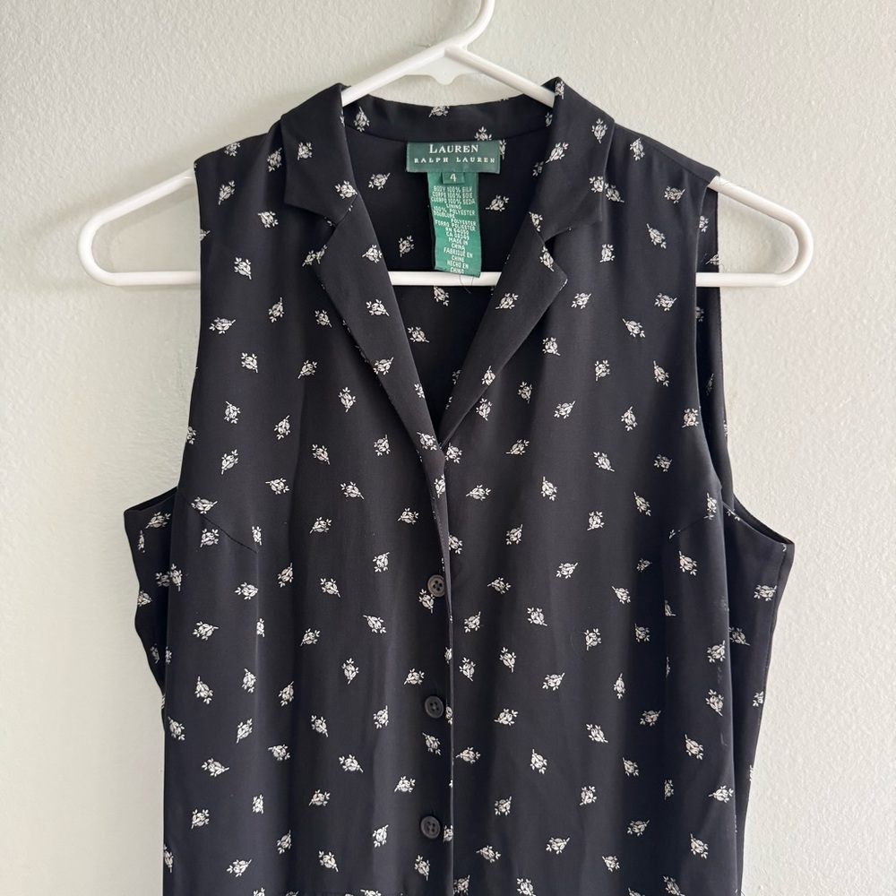 LAUREN Ralph Lauren Black Ditsy Floral 100% Silk Collared Maxi Button Up Dress 4 - Picture 2 of 12